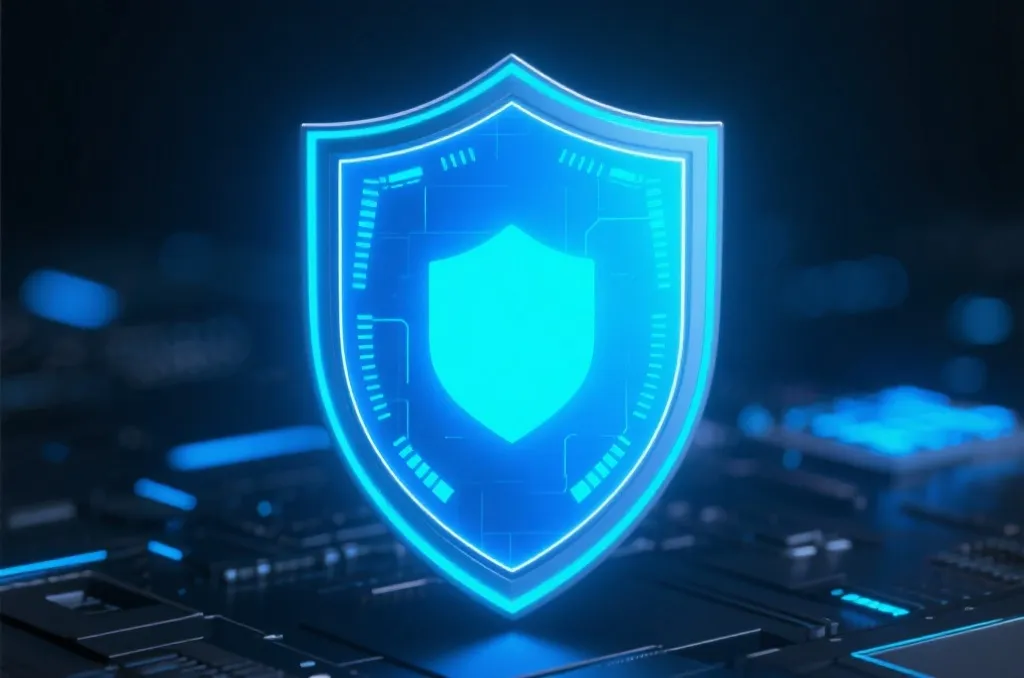 A glowing blue digital shield representing cyber security and data privacy protection, high tech background, 3D render