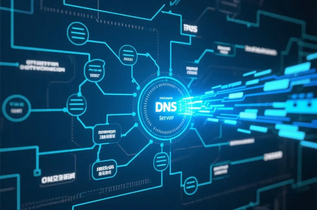 An abstract technical diagram representing network optimization, showing DNS server routing and fast data transmission with blue accents